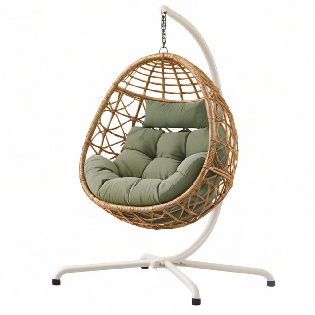 Poltrona sospesa 105 x 105 x 195 cm in rattan naturale e acciaio bianco con imbottitura verde da giardino