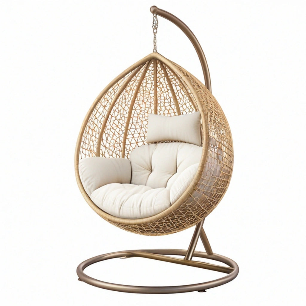 Poltrona sospesa 105 x 105 x 195 cm in fibra intrecciata beige con supporto in metallo per giardino stile boho