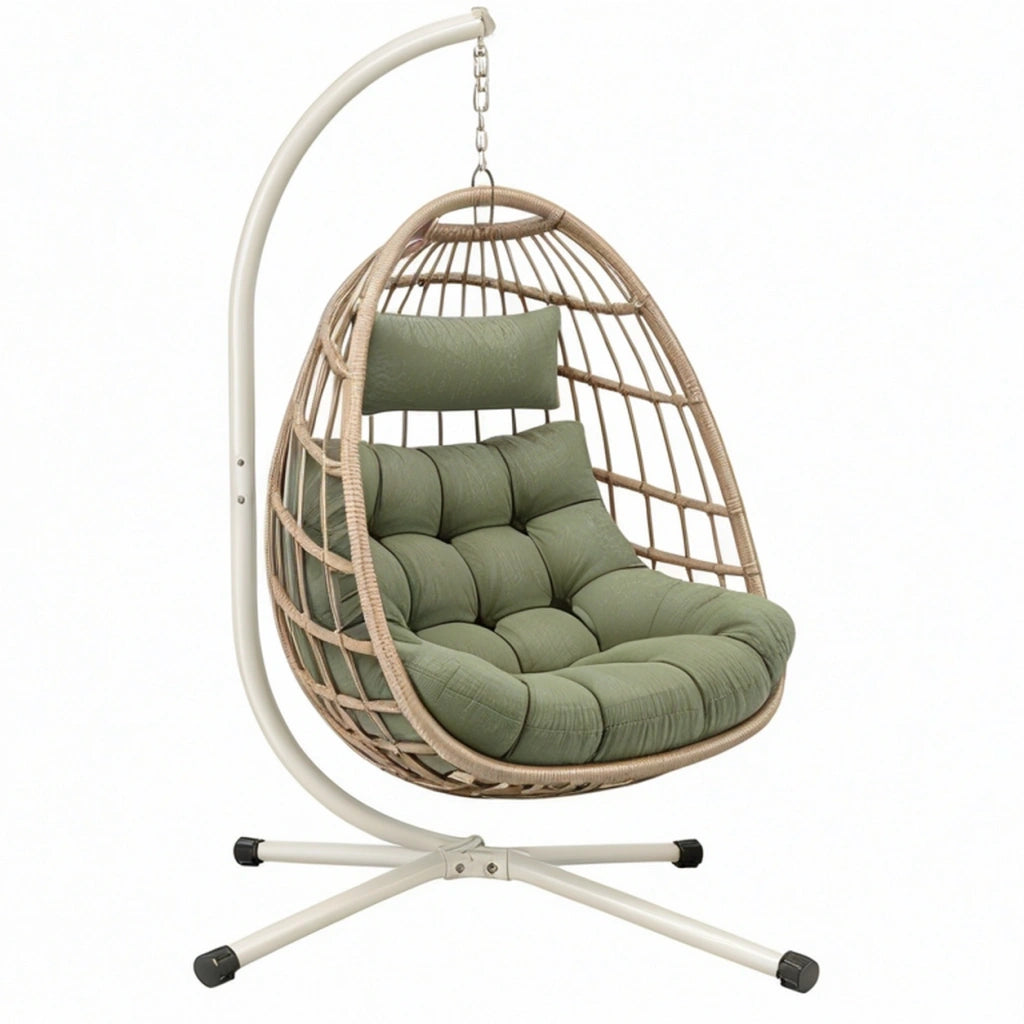 Poltrona sospesa 105x105x195 cm in acciaio e fibra intrecciata beige con seduta verde per giardino stile boho