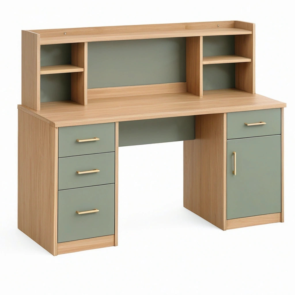 Scrivania con libreria 120 x 60 x 145 cm in legno naturale e verde salvia - stile moderno con cassetti