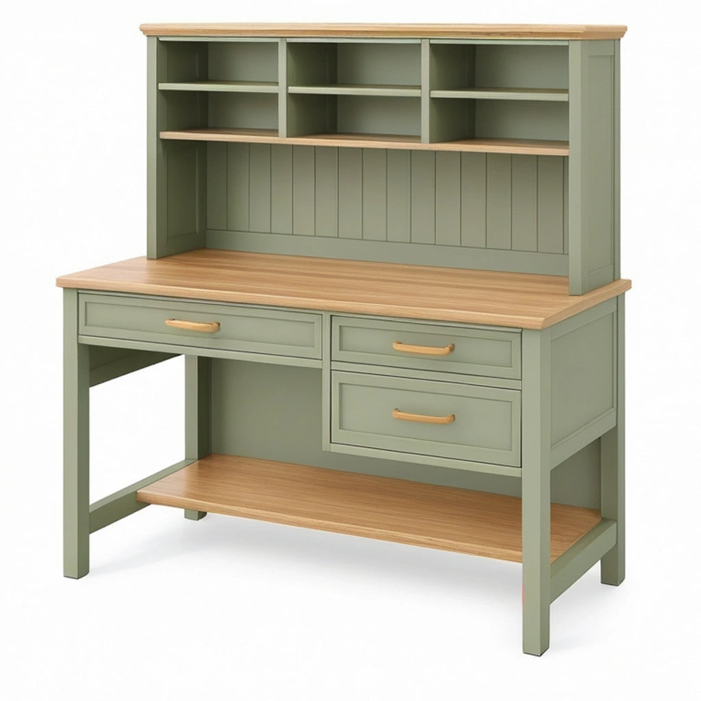 Scrivania con alzata 120 cm in legno verde salvia e naturale - 3 cassetti e ripiani stile rustico