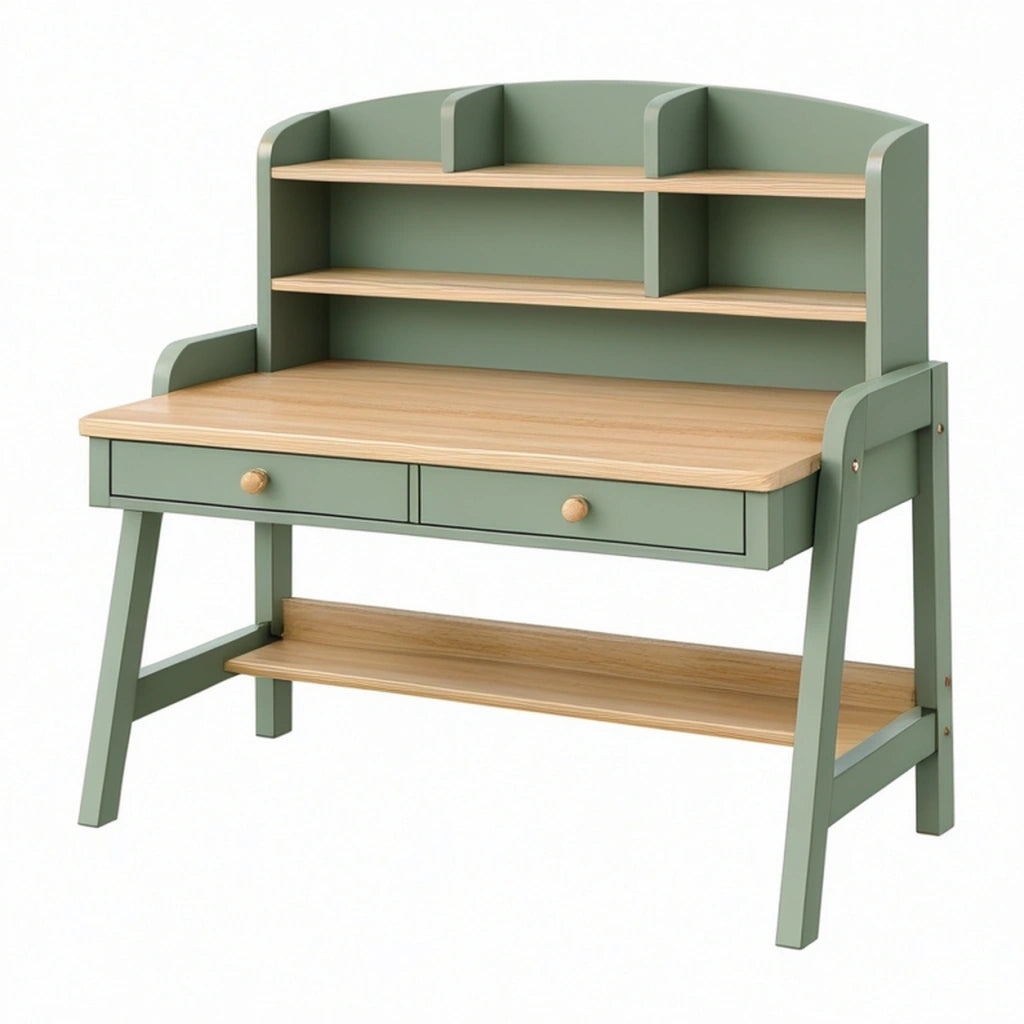 Scrivania 100 x 55 x 150 cm in legno verde salvia con mensole e cassetti