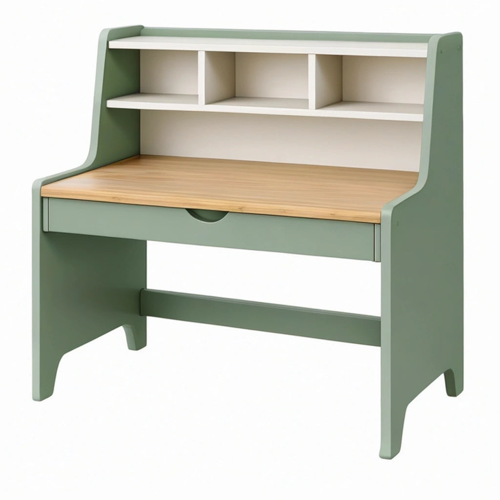 Scrivania per bambini 90 x 50 x 110 cm in legno verde e naturale con ripiani e cassetto