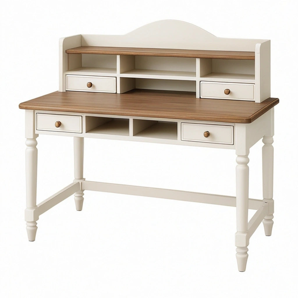 Scrivania con alzata 120 x 60 x 110 cm in legno bianco e marrone stile classico con cassetti