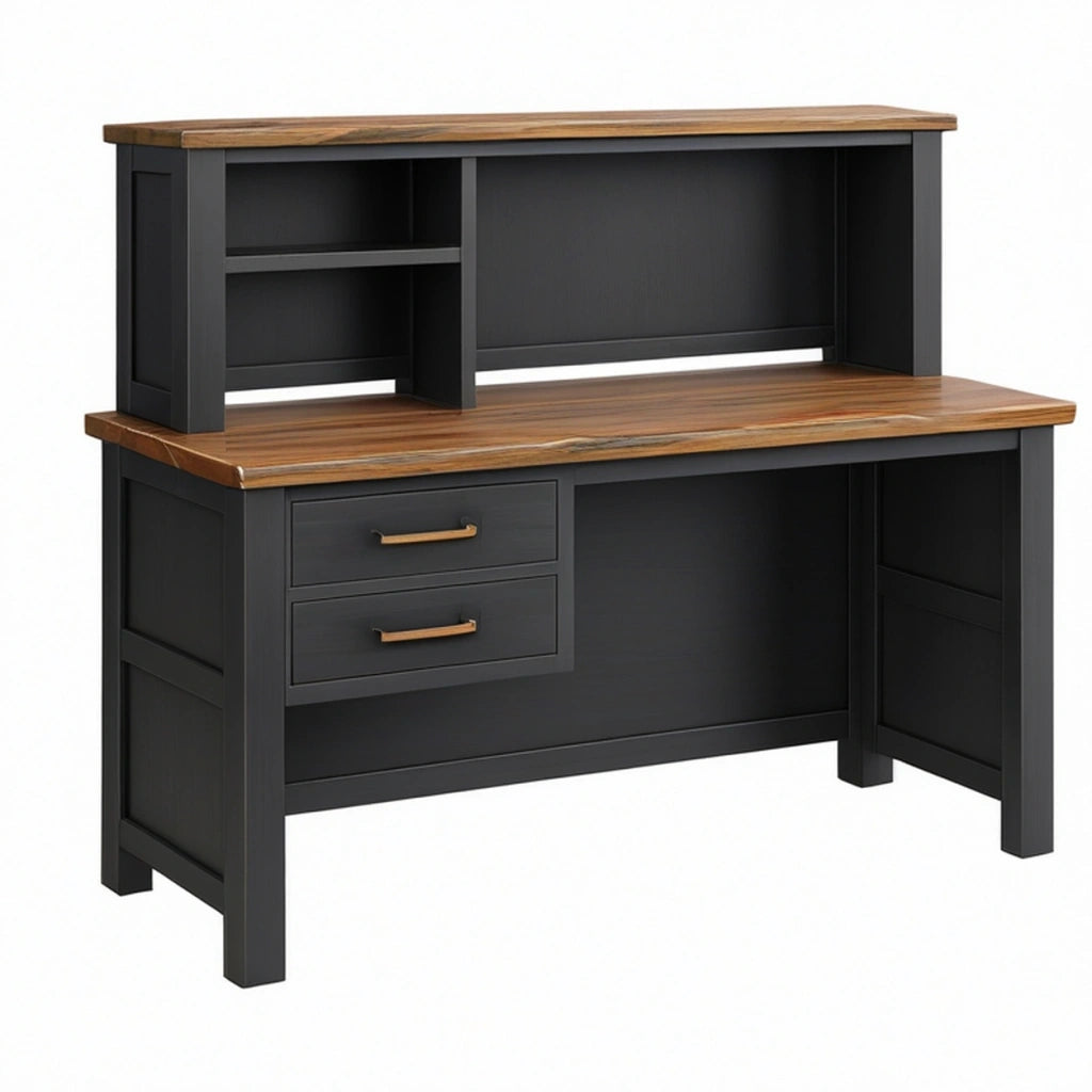 Scrivania con alzata 120 x 60 x 120 cm in legno nero/marrone con cassetti e ripiani