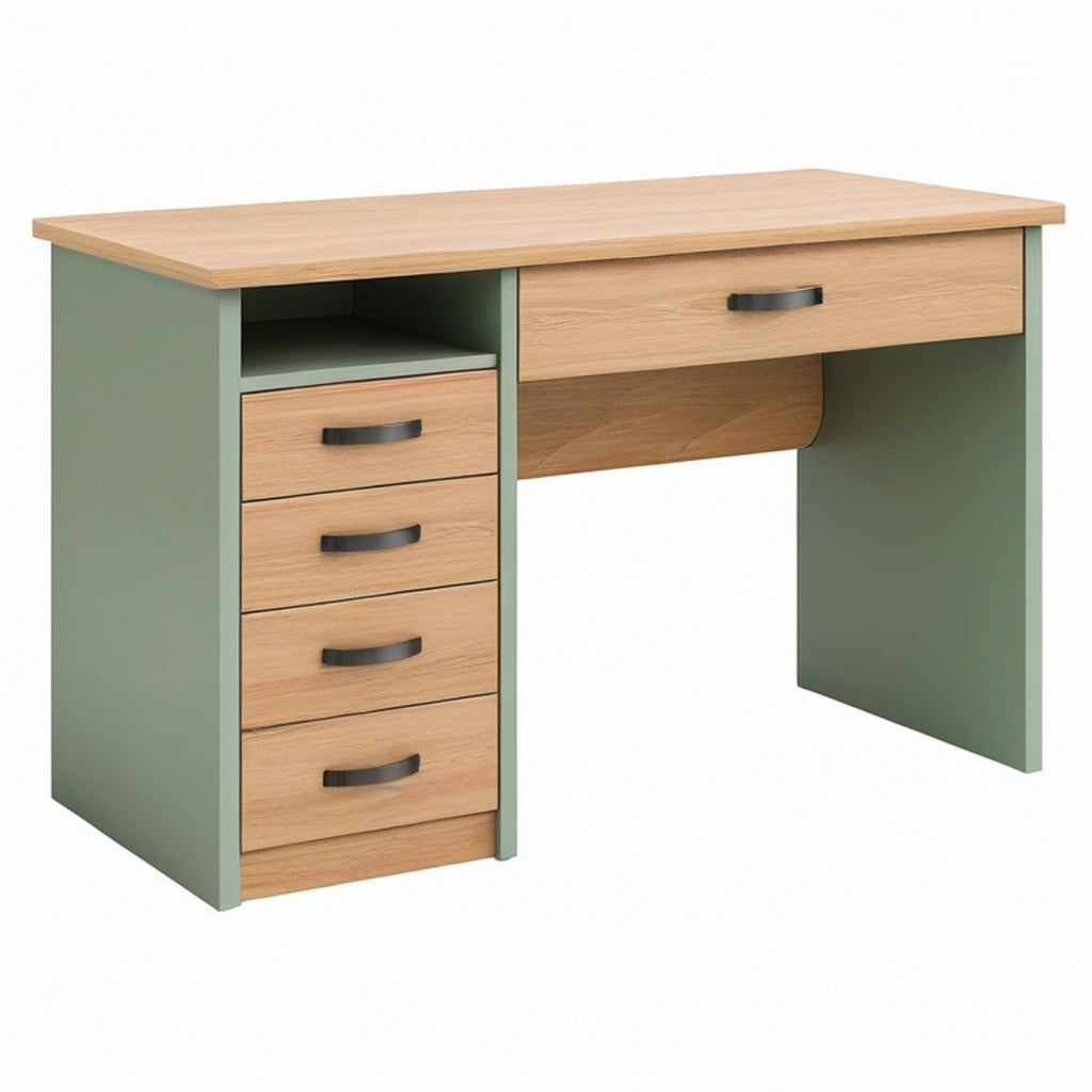 Scrivania 120 x 60 x 75 cm in legno verde salvia e rovere con 5 cassetti