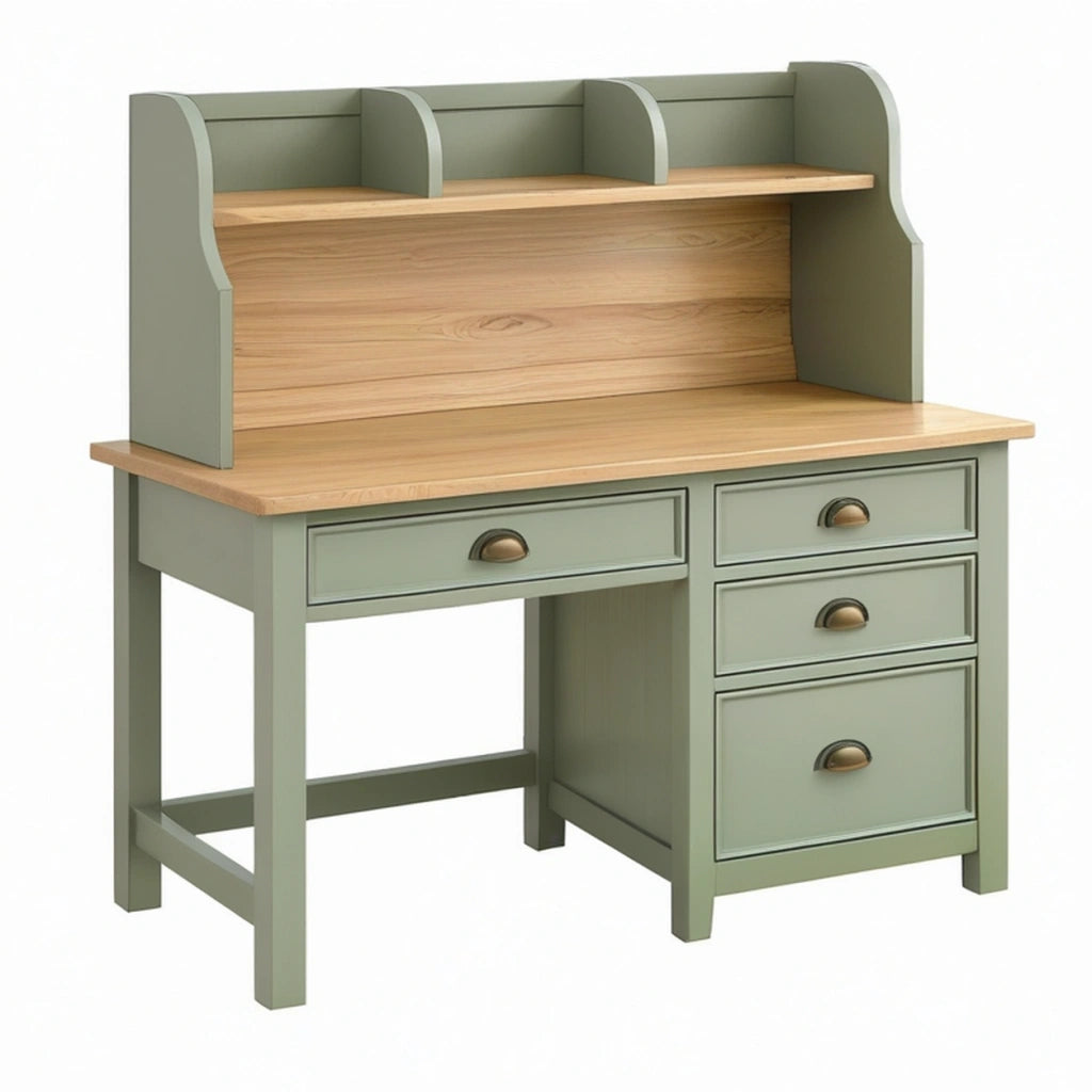 Scrivania con alzata 120 x 60 x 160 cm in legno verde salvia e naturale - stile classico con cassetti