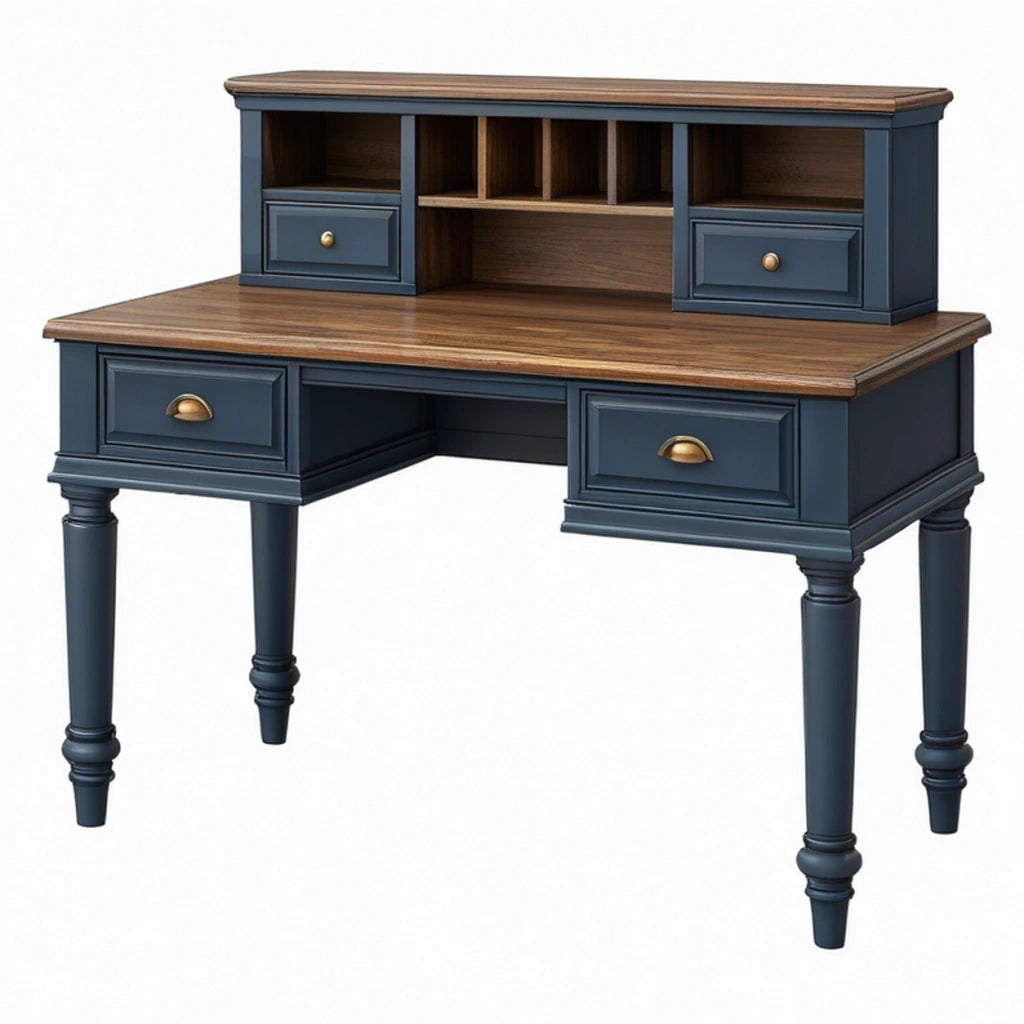 Scrivania con alzata 120 x 60 x 110 cm in legno blu navy e marrone con cassetti stile classico