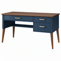 Scrivania 140x60x75 cm in legno blu e noce con 3 cassetti stile moderno