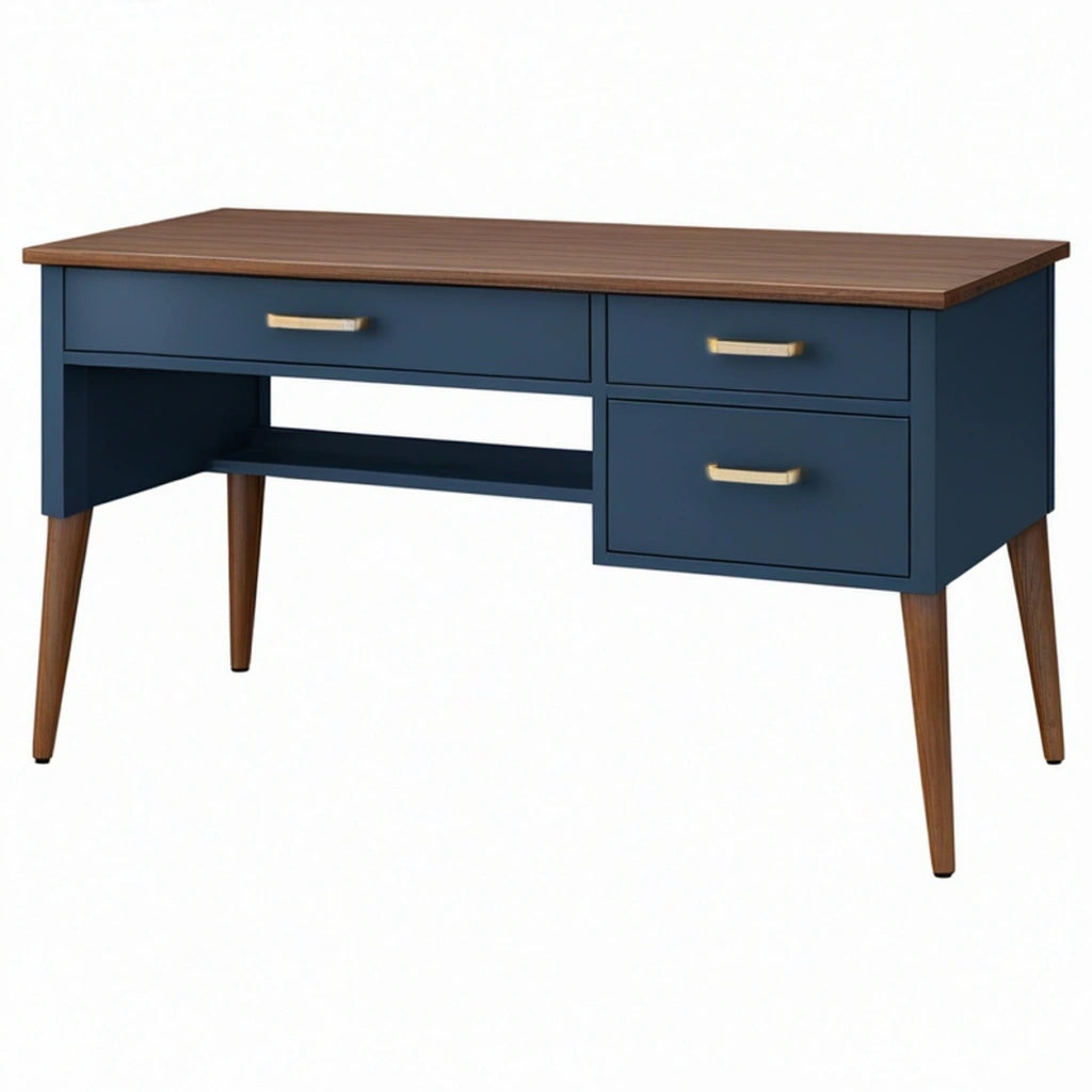 Scrivania 140x60x75 cm in legno blu e noce con 3 cassetti stile moderno