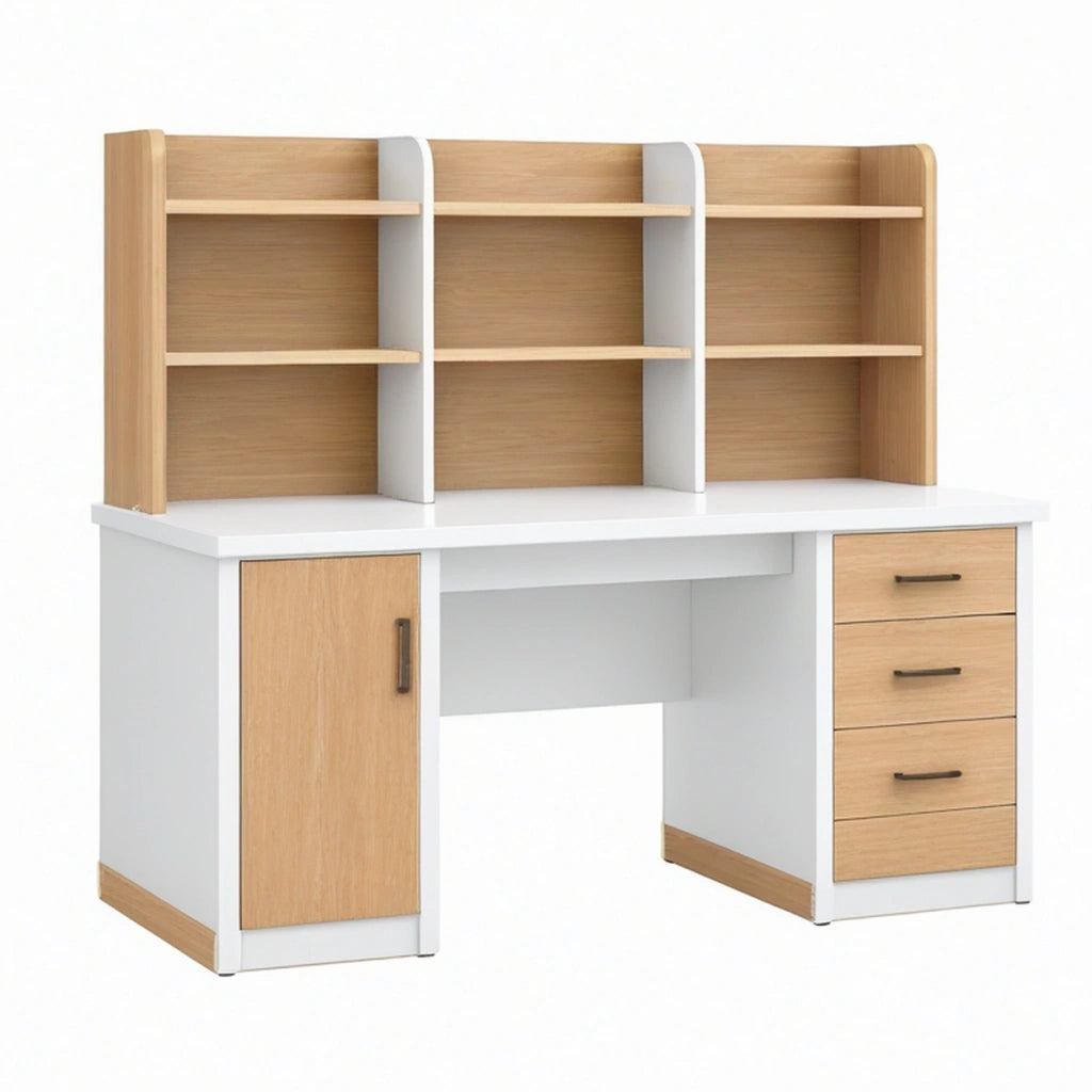 Scrivania con libreria 120x60 cm in legno bianco/naturale stile moderno con cassetti
