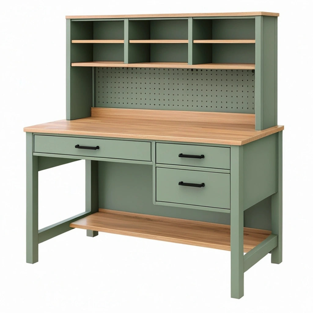 Scrivania con alzata 120 x 60 x 180 cm in legno verde salvia e naturale per studio con cassetti e pannello forato