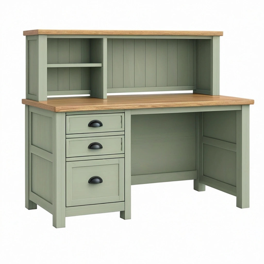 Scrivania con alzata 120 x 60 x 150 cm in legno verde salvia e naturale con cassetti stile rustico