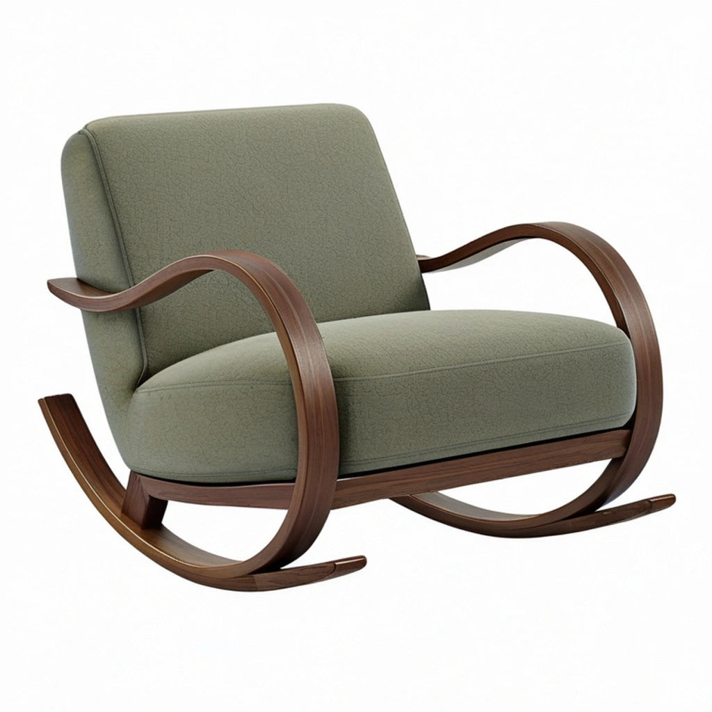 Sedia a dondolo 100 x 75 x 95 cm in tessuto verde e legno marrone - poltrona con braccioli stile moderno
