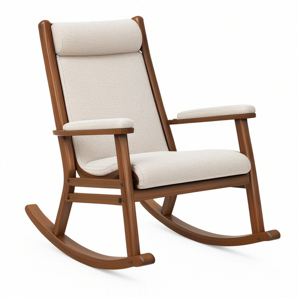 Sedia a dondolo 72 x 90 x 110 cm in legno marrone con rivestimento in tessuto beige - stile moderno