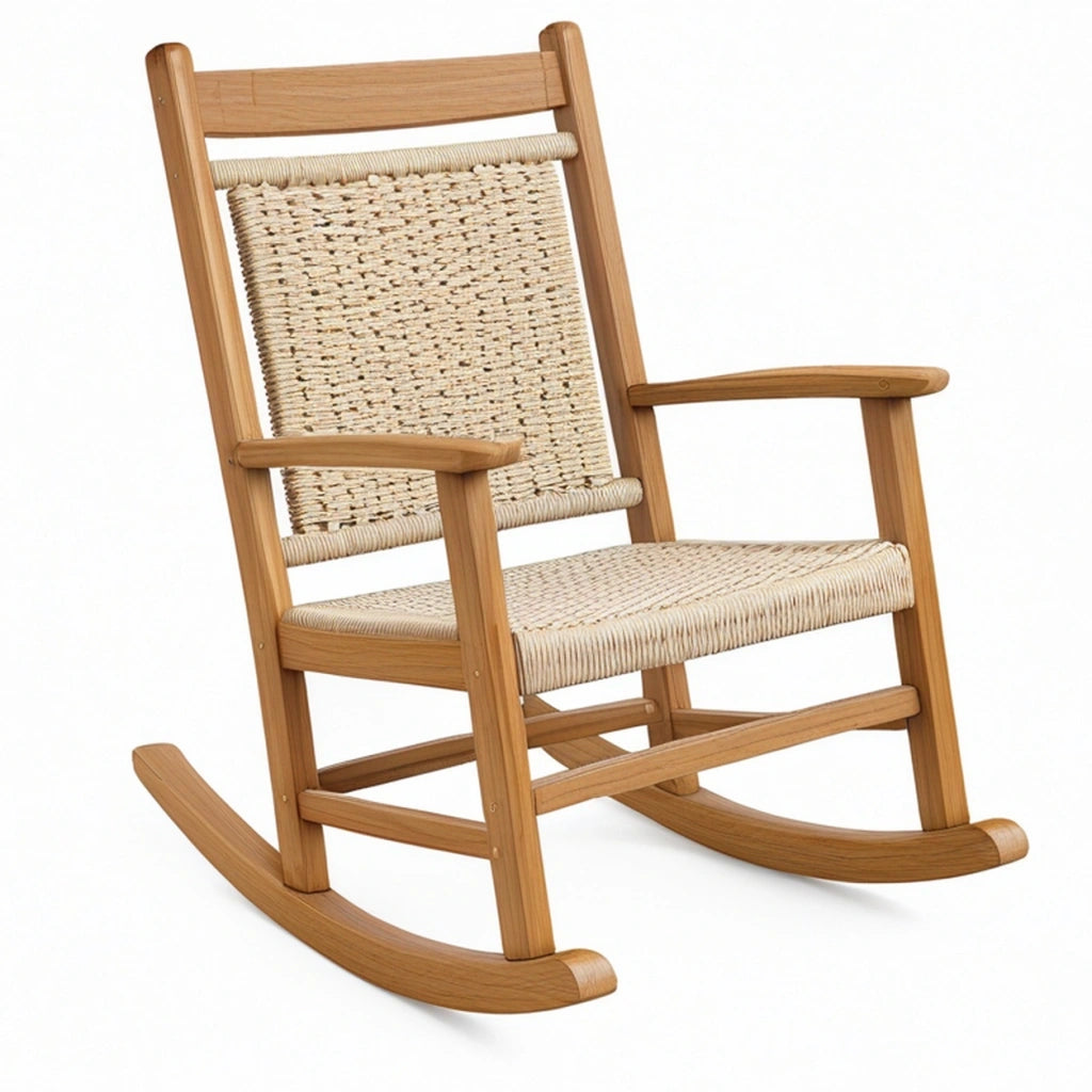 Sedia a dondolo 65 x 90 x 105 cm in legno naturale e corda intrecciata con braccioli stile rustico